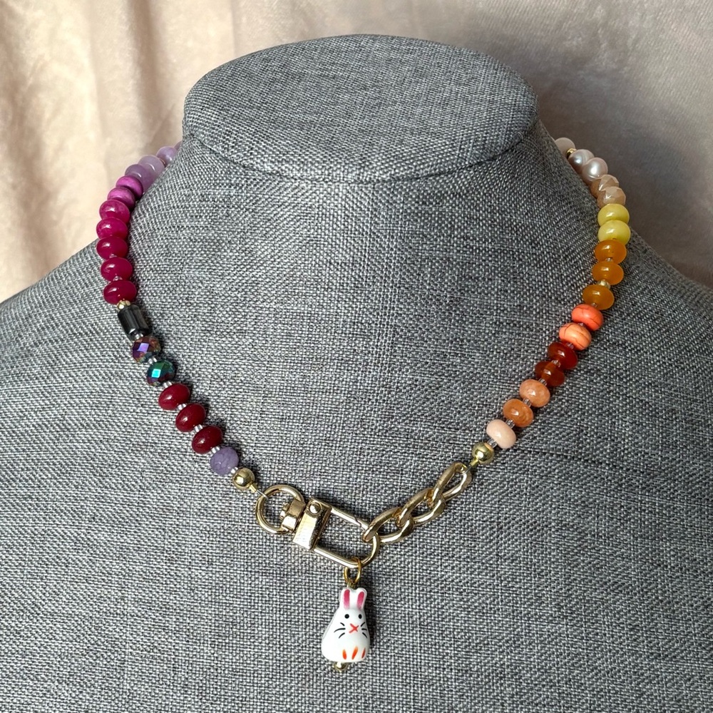 Trendy Candy Rainbow Bunny Charm 🌈🐇 Gemstone Easter Necklace